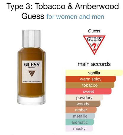 Discover New in Sealed Box Tobacco and Amberwood by Guess 100ml/3.4oz for men and women (FOS1319) - Premium Quality Fragrances | Best Seller,Designer,Fall,Fragrance,Guess,Seasonal,Unisex,Winter,Woody & Earthy by Feelings of Scent